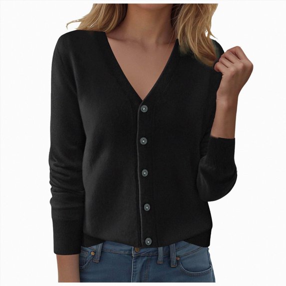 GEWSEY Womens Sweater Button Down Long Sleeve Cardigan Sweaters for Women V Neck Solid Color Lightweight Cardigans (Black, XXL)