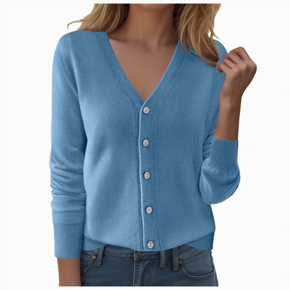 GEWSEY Womens Sweater Button Down Long Sleeve Cardigan Sweaters for Women V Neck Solid Color Lightweight Cardigans (Blue, XL)