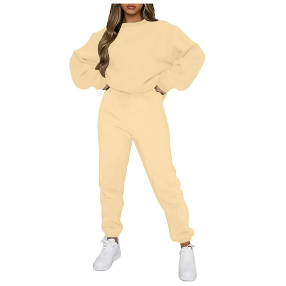 GEWSEY Womens Sweatsuits 2 Piece Set Airport Outfits for Women Crewneck Long Sleeve Sweatshirts Drawstring Pants Tracksuits (Khaki, M)