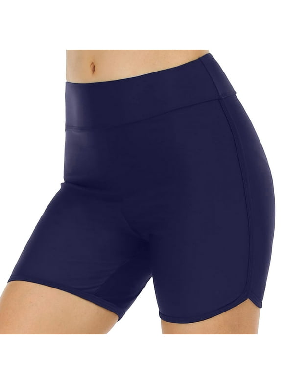 Womens Swim Shorts High Waisted Swim Bottoms Tummy Control Bathing Suit Bottom Boy Shorts(Available in Plus) Dark Blue, L