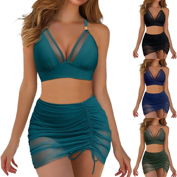 GEWSEY Womens Swim Skirt High Waisted Bikini Sets Tummy Control Swimsuits Mesh Sarong Wraps Bathing Suits (Dark Blue, XL)