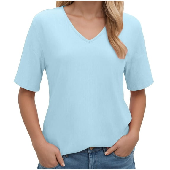 GEWSEY Womens T Shirts Basic V Neck Tee Loose Fit Casual Short Sleeve Summer Tops (Light Blue, L)