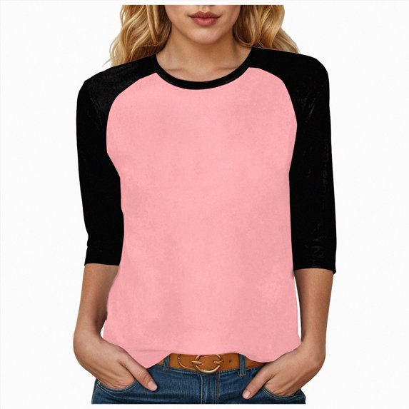 GEWSEY Womens Tops 3/4 Sleeve Shirts Round Neck Loose Casual Tshirts | Color Block Summer Tees (Light Pink, XXL)