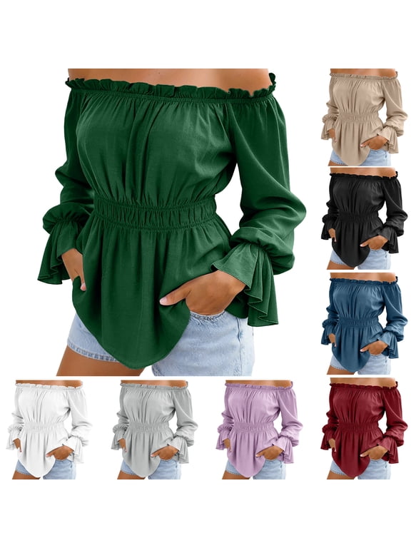 Womens Tops Off The Shoulder Blouses for Women Dressy Casual Cute Puff Sleeve T Shirts Fashion 2026 (White, XL)