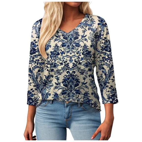 GEWSEY Womens Tops Plus Size 3/4 Length Sleeve V Neck Casual Tunic Tops Basic Shirts Loose Fit Blouse (Navy, XXL)