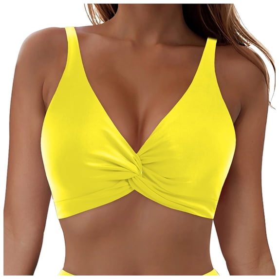 GEWSEY Womens Underwire Push Up Bikini Top No Bottom Adjustable Wide Straps Cropped Tankini Swimsuit Top Only (Yellow, S)