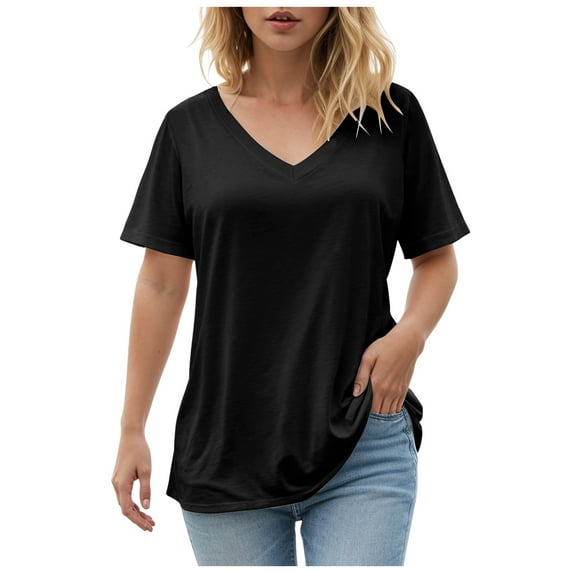 GEWSEY Womens V Neck Short Sleeve T Shirts Summer Tops 2025 Casual Loose Tees Trending Now (Black, XXL)
