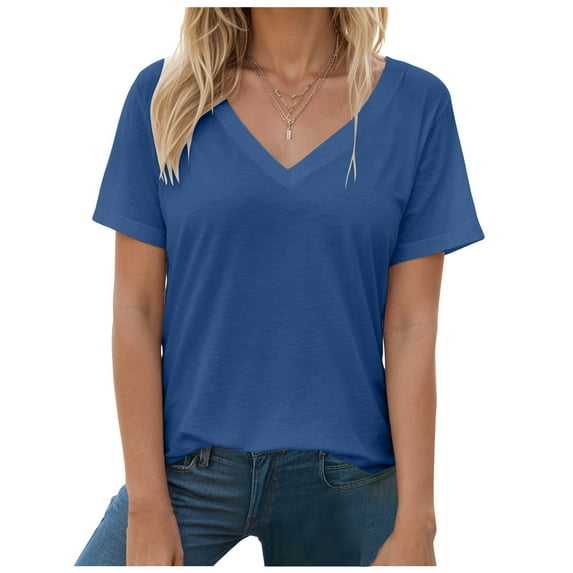 GEWSEY Womens V Neck Short Sleeve T Shirts Summer Tops 2025 Casual Loose Tees Trending Now (Blue, XL)