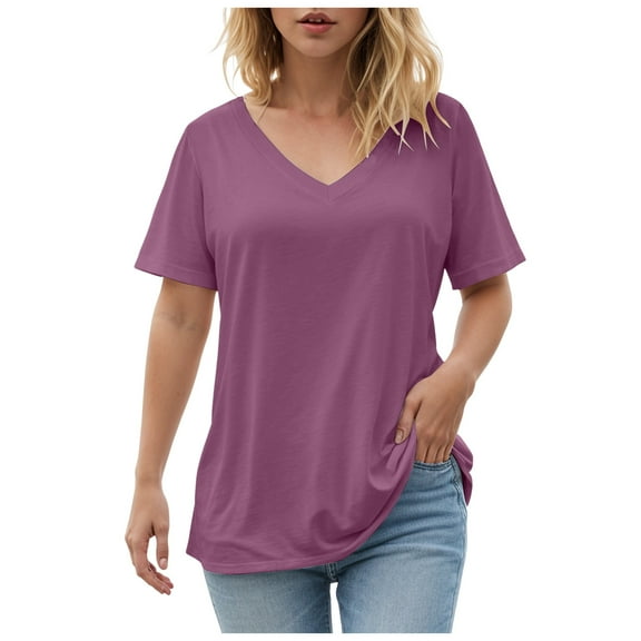 GEWSEY Womens V Neck Short Sleeve T Shirts Summer Tops 2025 Casual Loose Tees Trending Now (Purple, S)