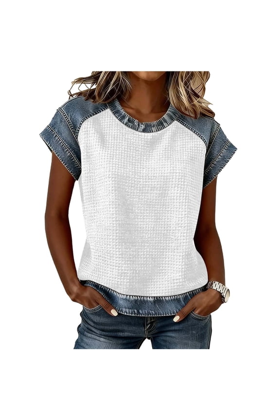 Womens Waffle Knit Tshirt Tops Patchwork Denim Tees Pullovers Short Sleeve Splicing Blouses Spring Summer Fashion (White, L)