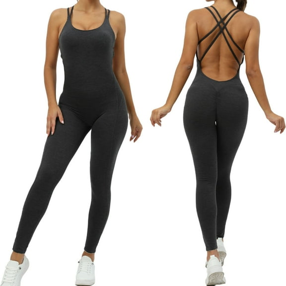 GEWSEY Womens Workout Jumpsuits Seamless Yoga Gym Bodycon Rompers Sexy Racerback Tummy Control Padded Bra Unitard (Dark Gray, S)