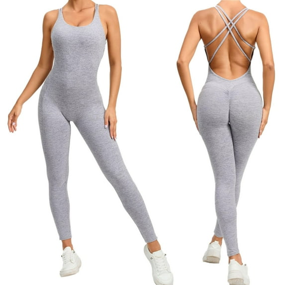 GEWSEY Womens Workout Jumpsuits Seamless Yoga Gym Bodycon Rompers Sexy Racerback Tummy Control Padded Bra Unitard (Grey, L)
