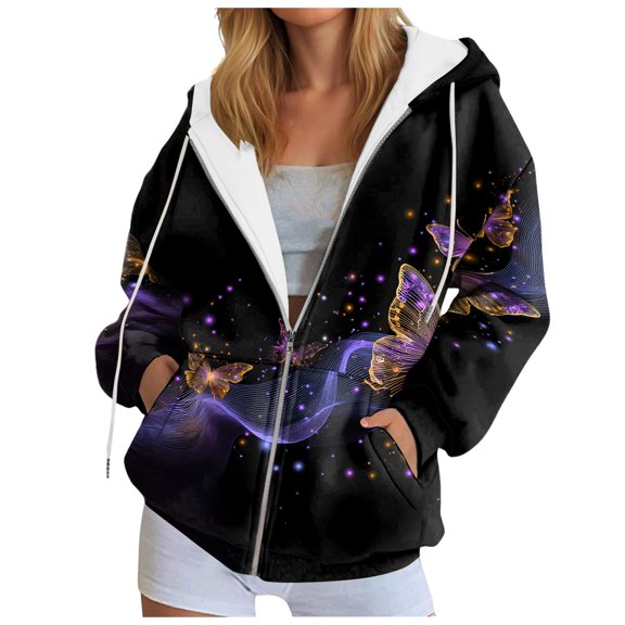 GEWSEY Zip Up Hoodie Women Butterfly Graphic Hoodies Long Sleeve Oversized Y2K Sweatshirts Cute jackets Plus Size for Girls (Purple, 3XL)
