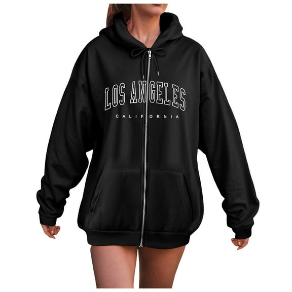 GEWSEY Zip Up Hoodies for Teen Girls Los Angeles Sweatshirt with Hood Full Zipper Hoodies Pullover Long Sleeve Tops with Pockets (Black, L)
