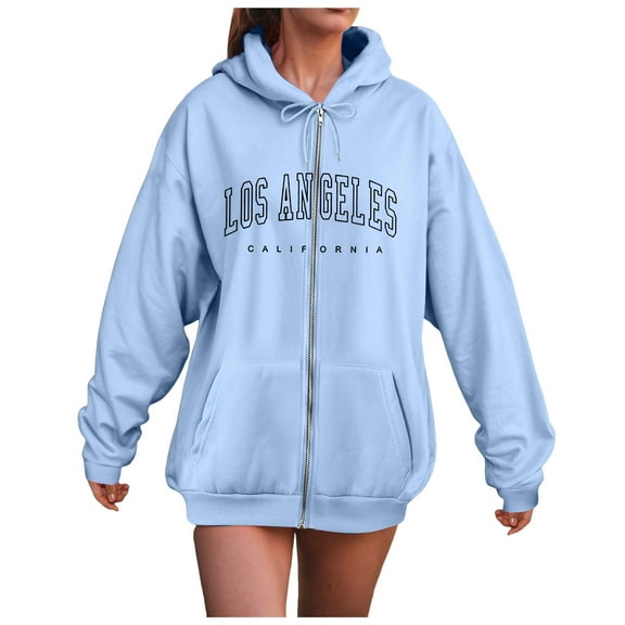 GEWSEY Zip Up Hoodies for Teen Girls Los Angeles Sweatshirt with Hood Full Zipper Hoodies Pullover Long Sleeve Tops with Pockets (Blue, XXL)