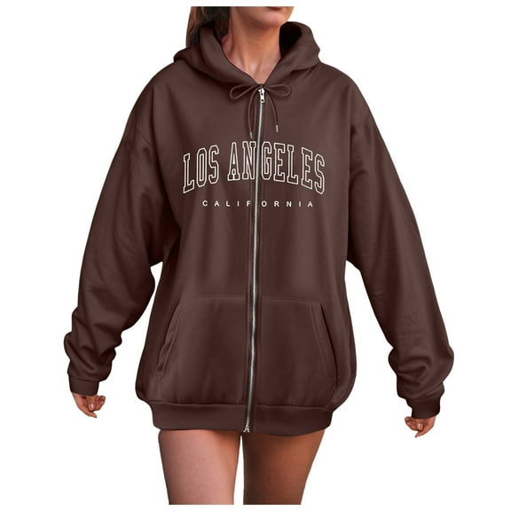 GEWSEY Zip Up Hoodies for Teen Girls Los Angeles Sweatshirt with Hood Full Zipper Hoodies Pullover Long Sleeve Tops with Pockets (Coffee, S)
