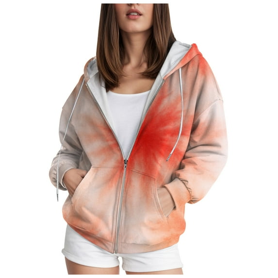 GEWSEY Zip Up Hoodies for Women Acid Wash Oversized Sweatshirts Fall Cute Y2k Clothes Winter Jackets Vintage Streetwear (Orange, L)