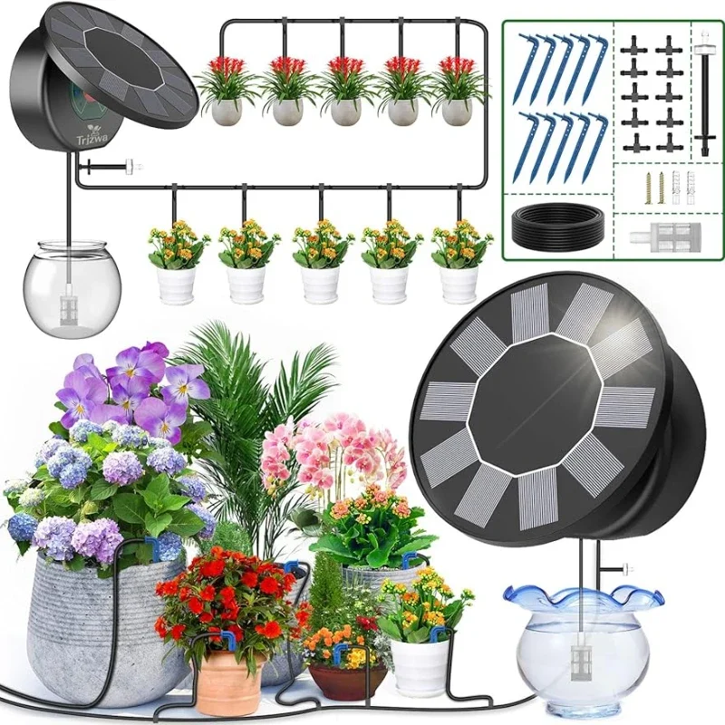 GEWUSH Solar Automatic Drip Irrigation System Kit DIY Irrigation System Garden Outdoor Indoor