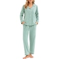 thumbnail image 1 of GEX 100% Cotton Pajamas for Women PJ Set Soft Button-Down 2 Piece Set Knitted Long Sleeve Sleepwear Loungewear Aqua Green M, 1 of 7