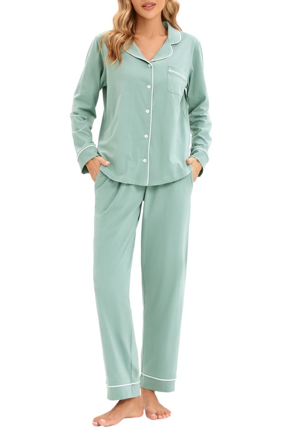 GEX 100% Cotton Pajamas for Women PJ Set Soft Button-Down 2 Piece Set Knitted Long Sleeve Sleepwear Loungewear Aqua Green M
