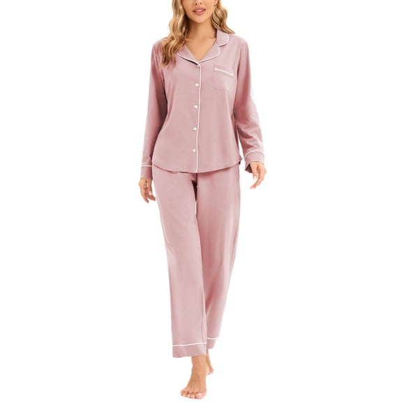 GEX 100% Cotton Pajamas for Women PJ Set Soft Button-Down 2 Piece Set Knitted Long Sleeve Sleepwear Loungewear Ash Pink M