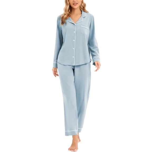 GEX 100% Cotton Pajamas for Women PJ Set Soft Button-Down 2 Piece Set Knitted Long Sleeve Sleepwear Loungewear Baby Blue S