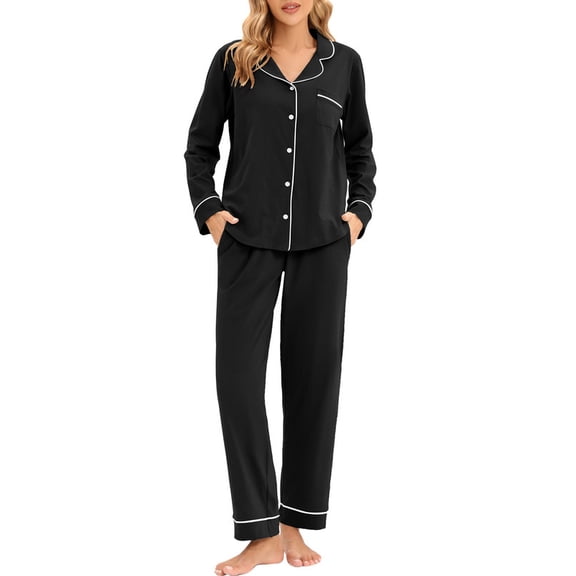 GEX 100% Cotton Pajamas for Women PJ Set Soft Button-Down 2 Piece Set Knitted Long Sleeve Sleepwear Loungewear Black M