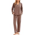 thumbnail image 1 of GEX 100% Cotton Pajamas for Women PJ Set Soft Button-Down 2 Piece Set Knitted Long Sleeve Sleepwear Loungewear Brown XL, 1 of 7