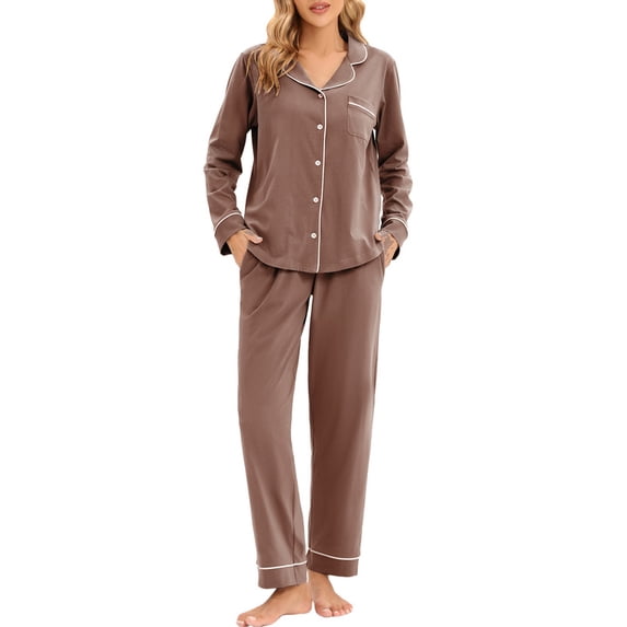 GEX 100% Cotton Pajamas for Women PJ Set Soft Button-Down 2 Piece Set Knitted Long Sleeve Sleepwear Loungewear Brown XL