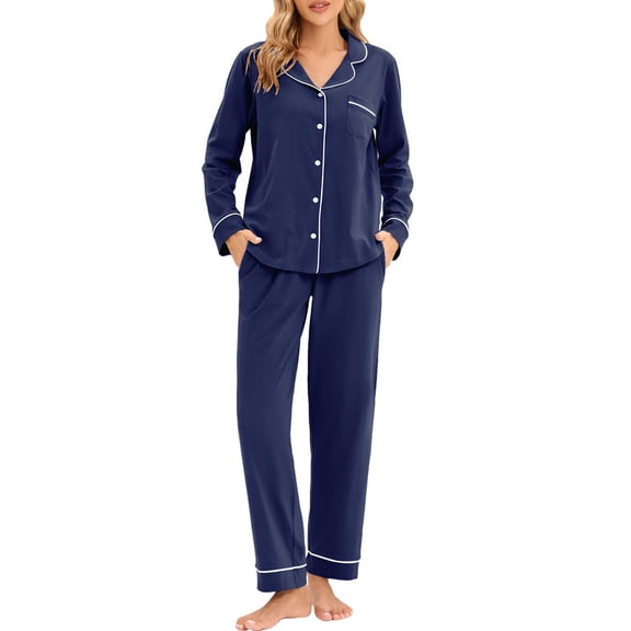 GEX 100% Cotton Pajamas for Women PJ Set Soft Button-Down 2 Piece Set Knitted Long Sleeve Sleepwear Loungewear Navy Blue L