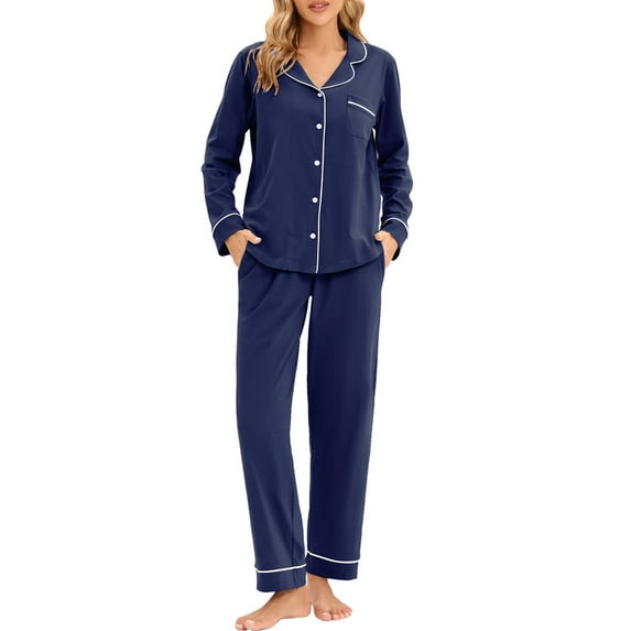 GEX 100% Cotton Pajamas for Women PJ Set Soft Button-Down 2 Piece Set Knitted Long Sleeve Sleepwear Loungewear Navy Blue S