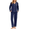thumbnail image 1 of GEX 100% Cotton Pajamas for Women PJ Set Soft Button-Down 2 Piece Set Knitted Long Sleeve Sleepwear Loungewear Navy Blue XS, 1 of 7