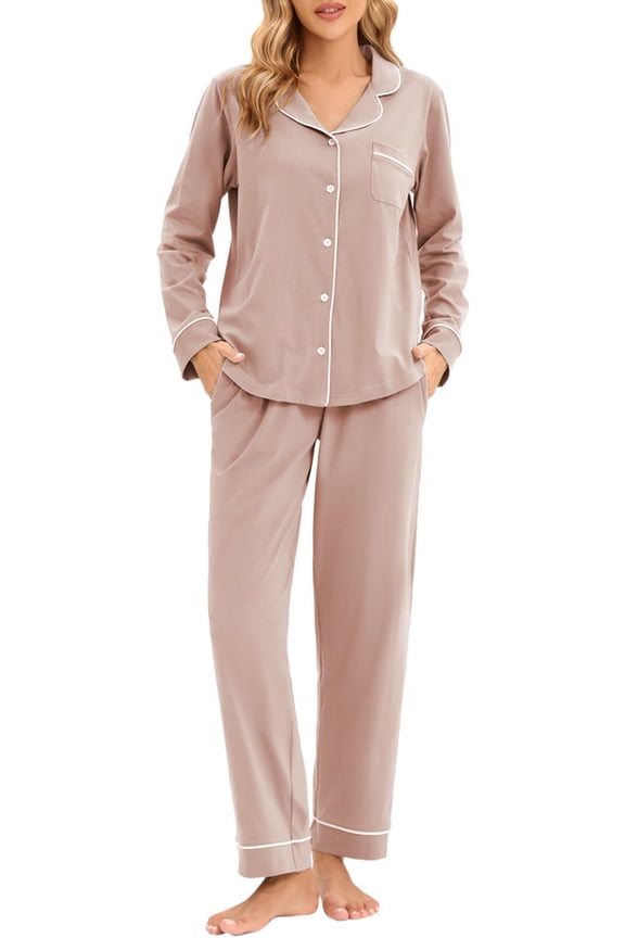 GEX 100% Cotton Pajamas for Women PJ Set Soft Button-Down 2 Piece Set Knitted Long Sleeve Sleepwear Loungewear Nude S