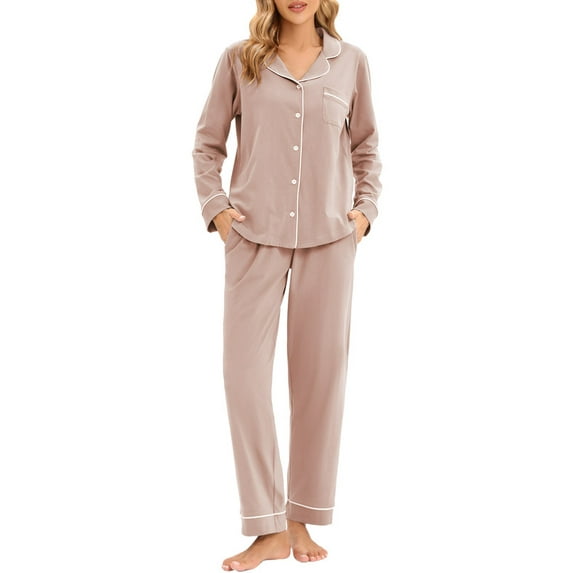GEX 100% Cotton Pajamas for Women PJ Set Soft Button-Down 2 Piece Set Knitted Long Sleeve Sleepwear Loungewear Nude S