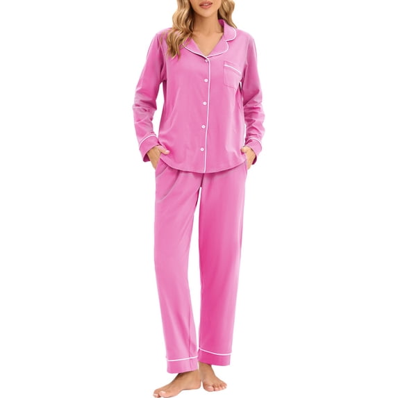 GEX 100% Cotton Pajamas for Women PJ Set Soft Button-Down 2 Piece Set Knitted Long Sleeve Sleepwear Loungewear Rosy Pink S