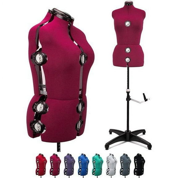 GEX 13 Dials Female Fabric Adjustable Mannequin Dress Form for Sewing, Mannequin Body Torso with Stand, Up to 70" Shoulder Height Burgundy (Medium)