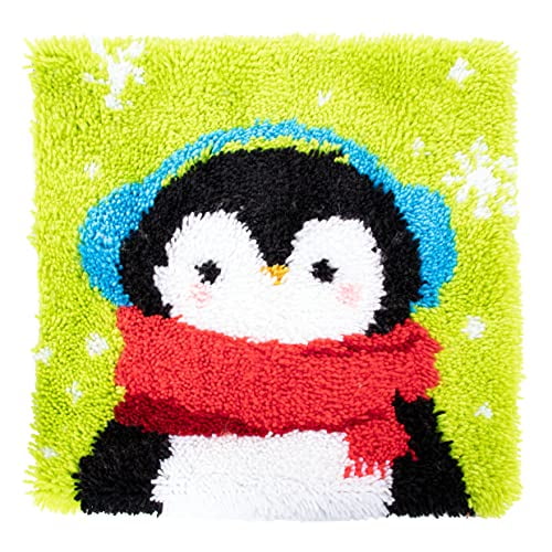 GEX 17" X 17" Penguin Latch Hook Kits Rug Making Kits DIY Crochet Yarn Crafts for Kids or Adults with Printed Canvas Pattern