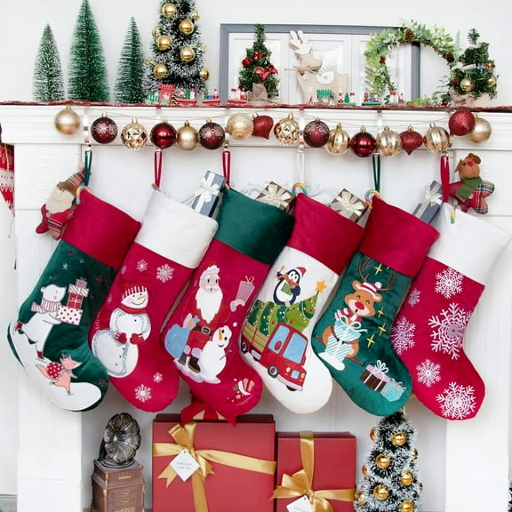 GEX 2025 21" Luxury Velvet Embroidery Pattern Christmas Stockings for Family Classic Fireplace Decorations Hanging Ornament for Xmas Holiday Party Set of 6