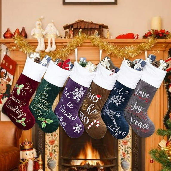 GEX 22" Family Christmas Stockings 6 Pack Embroidery Classic Luxury Velvet Large Decor Hanging Ornament Fireplace Xmas Tree Holiday Party Decoration Gifts
