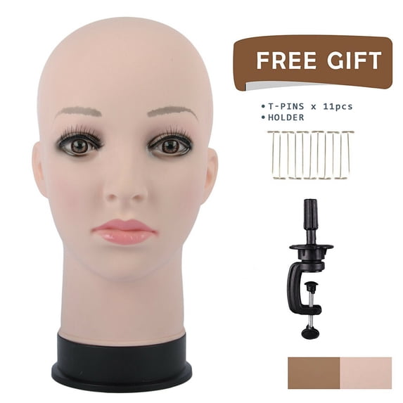 GEX Bald Mannequin Head Makeup Female Professional Cosmetology for Wig Making Display Wigs Eyeglasses Hairs with T Pins Brown Color Wigs Hats Display Beige