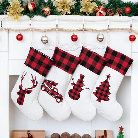 GEX 2025 Christmas Stocking (20inch) Set of 4 Silhouette Buffalo Red Plaid/Rustic/Farmhouse/Country Cotton Fireplace Hanging Xmas Stockings Decorations for Family Holiday Season Decor