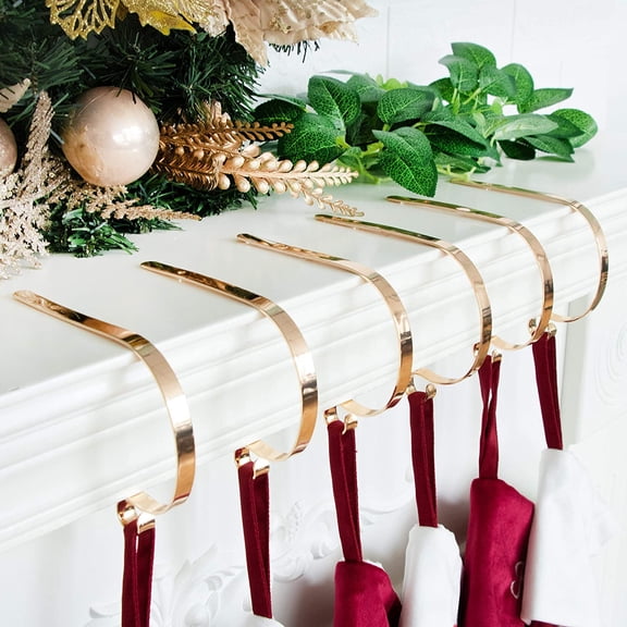 GEX Skid proof Christmas Stocking Holder Hook Hanger Fireplace Metal Decor Gold Set of 6