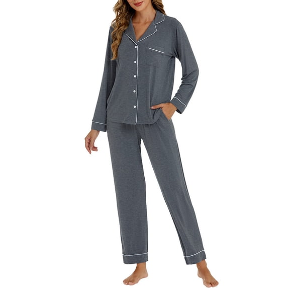 GEX Womens Bamboo Viscose Pajamas Super Buttery Soft 2 Piece PJ Set Button Long Sleeve Sleepwear Set (Dark Gray XL)