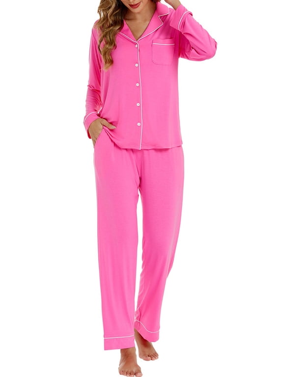 GEX Womens Bamboo Viscose Pajamas Super Buttery Soft 2 Piece PJ Set Button Long Sleeve Sleepwear Set (Rose 2XL)