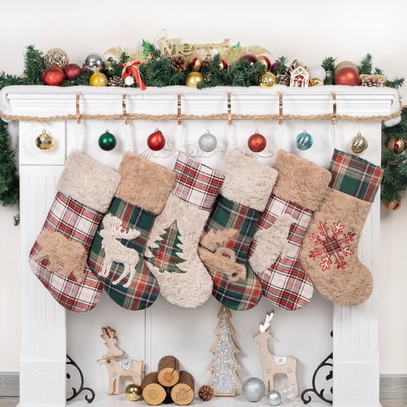 GEX Worldwide 2025 Christmas Stockings for Family 20" Large Red Green Plaid Embroidered Classic Fireplace Tree Decorations Ornament for Xmas Season (6 Pack)