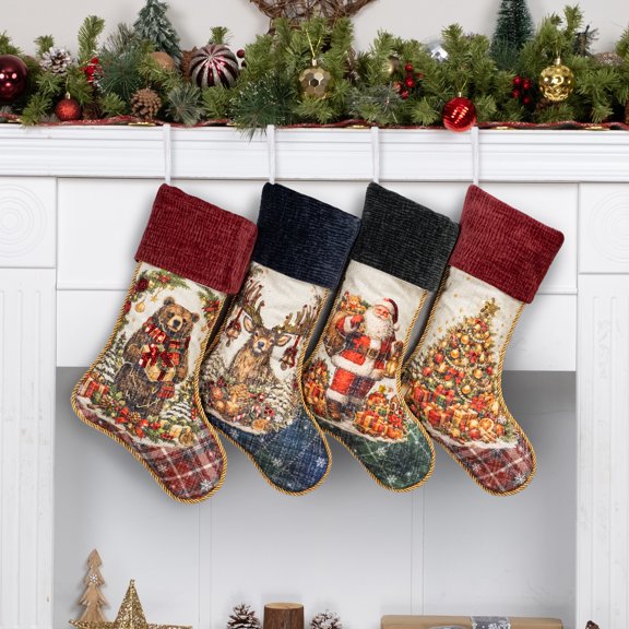 GEX Worldwide 2026 Christmas Stocking Classic Painting Pattern for Family 20" Large Stocking Fireplace Decor Hanging Ornament (4 Pack)