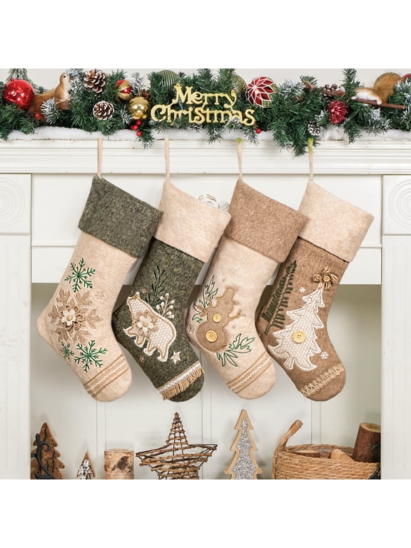 GEX Worldwide 2026 Christmas Stockings Set of 4 Large Family Xmas Stocking Woolen Embroidered 20" Modern Rustic Farmhouse Country Rope Fireplace Hanging Holiday Decor (4 Pack)
