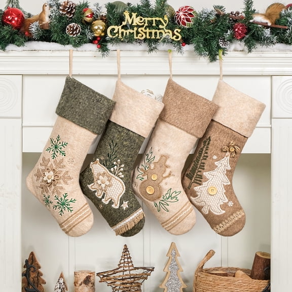 GEX Worldwide 2026 Christmas Stockings Set of 4 Large Family Xmas Stocking Woolen Embroidered 20" Modern Rustic Farmhouse Country Rope Fireplace Hanging Holiday Decor (4 Pack)