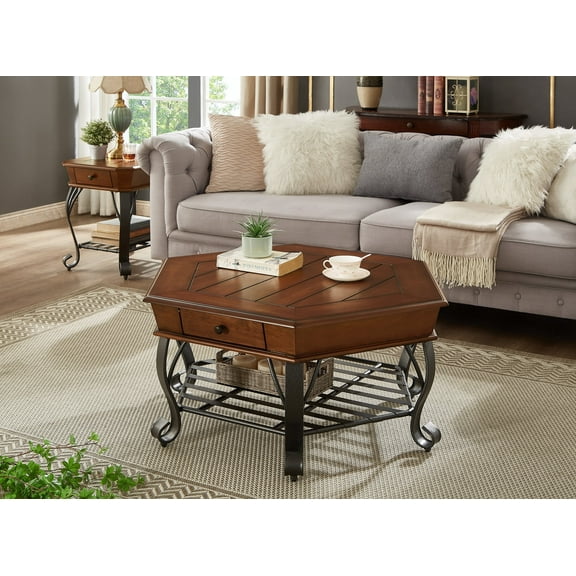 GEXPUSM 40" Wood Coffee Table, Vintage, Hexagonal, Solid Wood Top, with Drawer Storage, Walnut