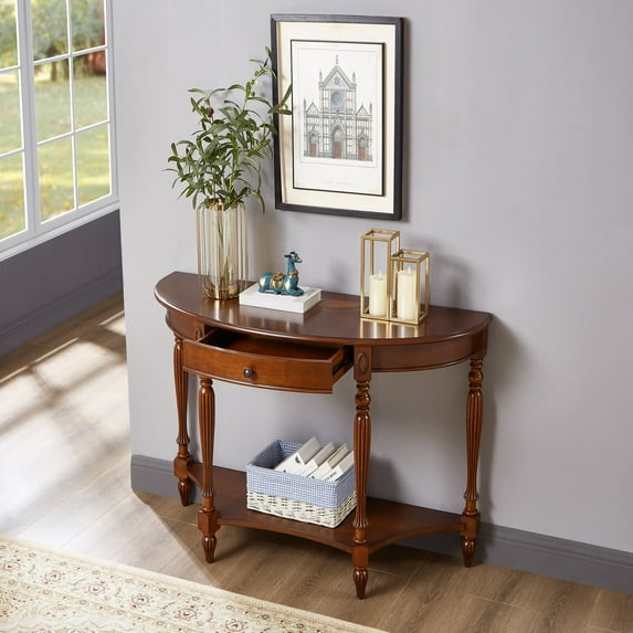 GEXPUSM 47"Console Table with Drawer Storage, Solid Wood Semicircular Decorative Side Table,Walnut